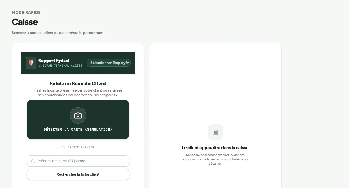 Écran Caisse du dashboard marchand Fydeal
