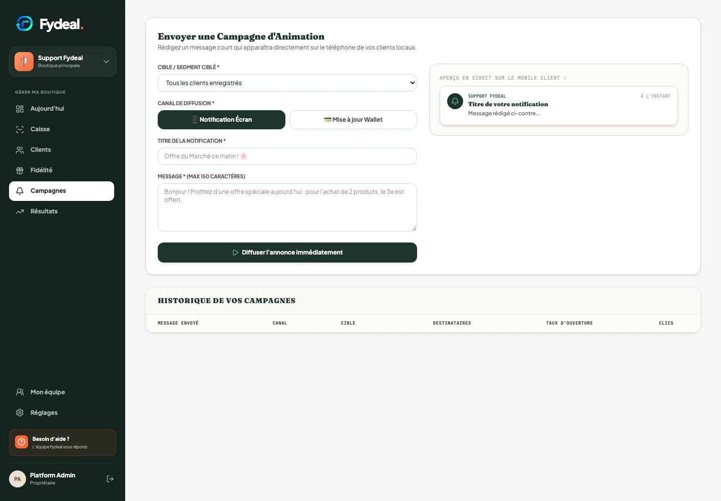 Écran Campagnes du dashboard marchand Fydeal
