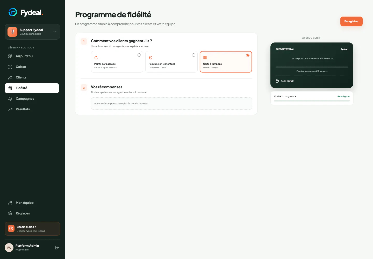 Écran Fidélité du dashboard marchand Fydeal